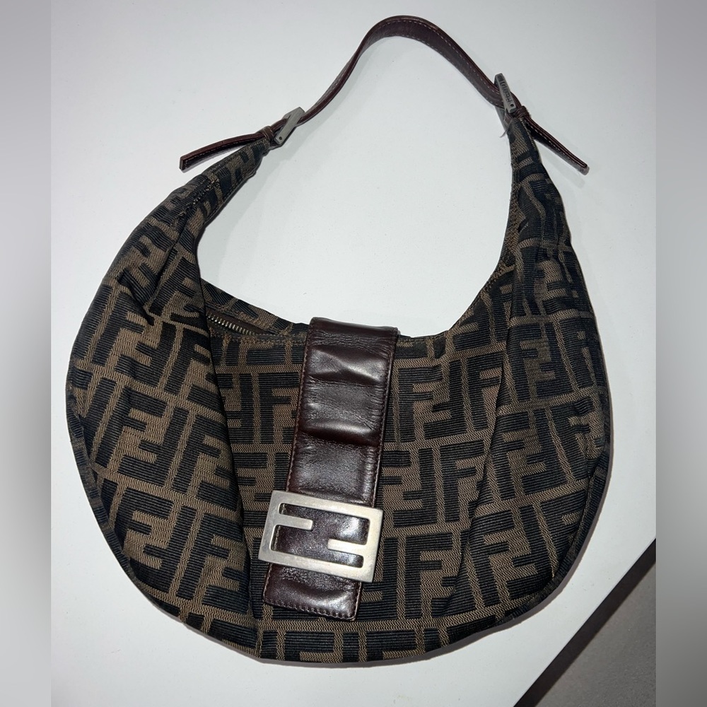 FENDI BROWN ZUCCA CANVAS CRESCENT MOON HOBO SMALL